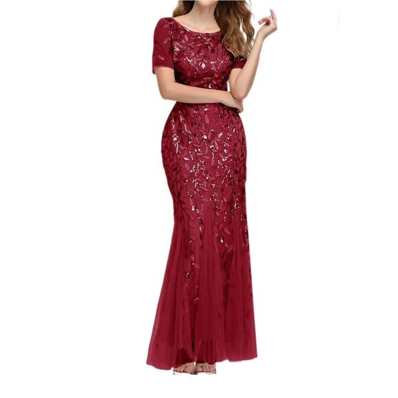 NEW! Slim Fit Evening Formal Mermaid Sheer Red Maxi Dress Sequin Leaves Sz. M - Picture 1 of 8